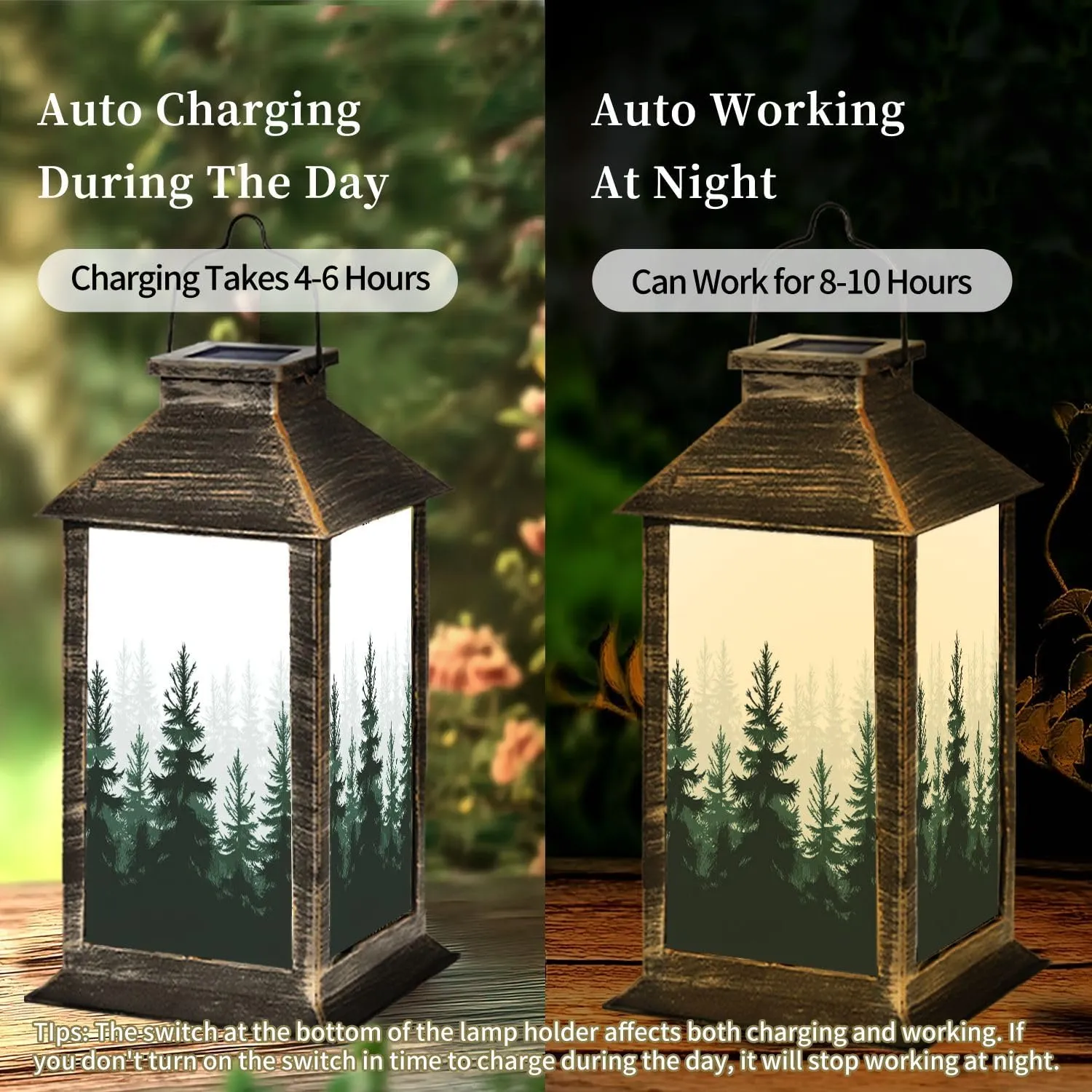 Solar Lantern Forest Nature Landscape Evergreen Outdoor Garden Hanging Lantern Waterproof Solar Powered Lighting Outside Table Lamp for Patio Deck Yard Camping Beach House Decor