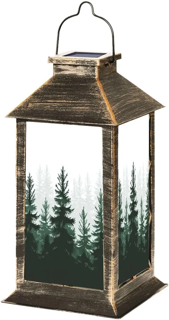 Solar Lantern Forest Nature Landscape Evergreen Outdoor Garden Hanging Lantern Waterproof Solar Powered Lighting Outside Table Lamp for Patio Deck Yard Camping Beach House Decor