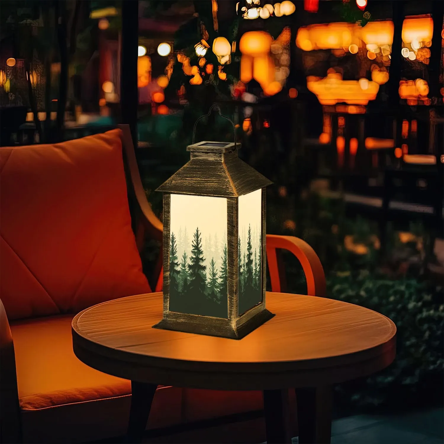 Solar Lantern Forest Nature Landscape Evergreen Outdoor Garden Hanging Lantern Waterproof Solar Powered Lighting Outside Table Lamp for Patio Deck Yard Camping Beach House Decor