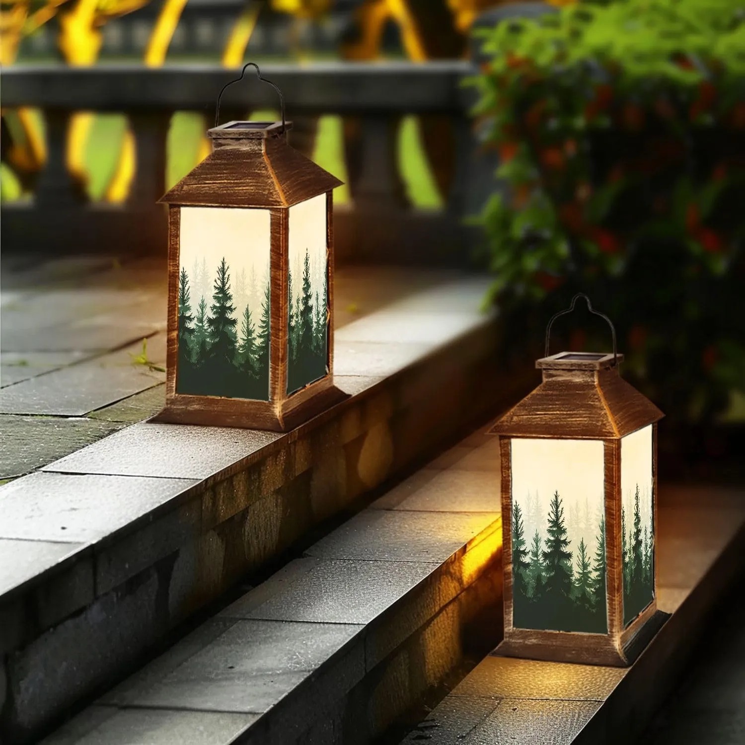 Solar Lantern Forest Nature Landscape Evergreen Outdoor Garden Hanging Lantern Waterproof Solar Powered Lighting Outside Table Lamp for Patio Deck Yard Camping Beach House Decor