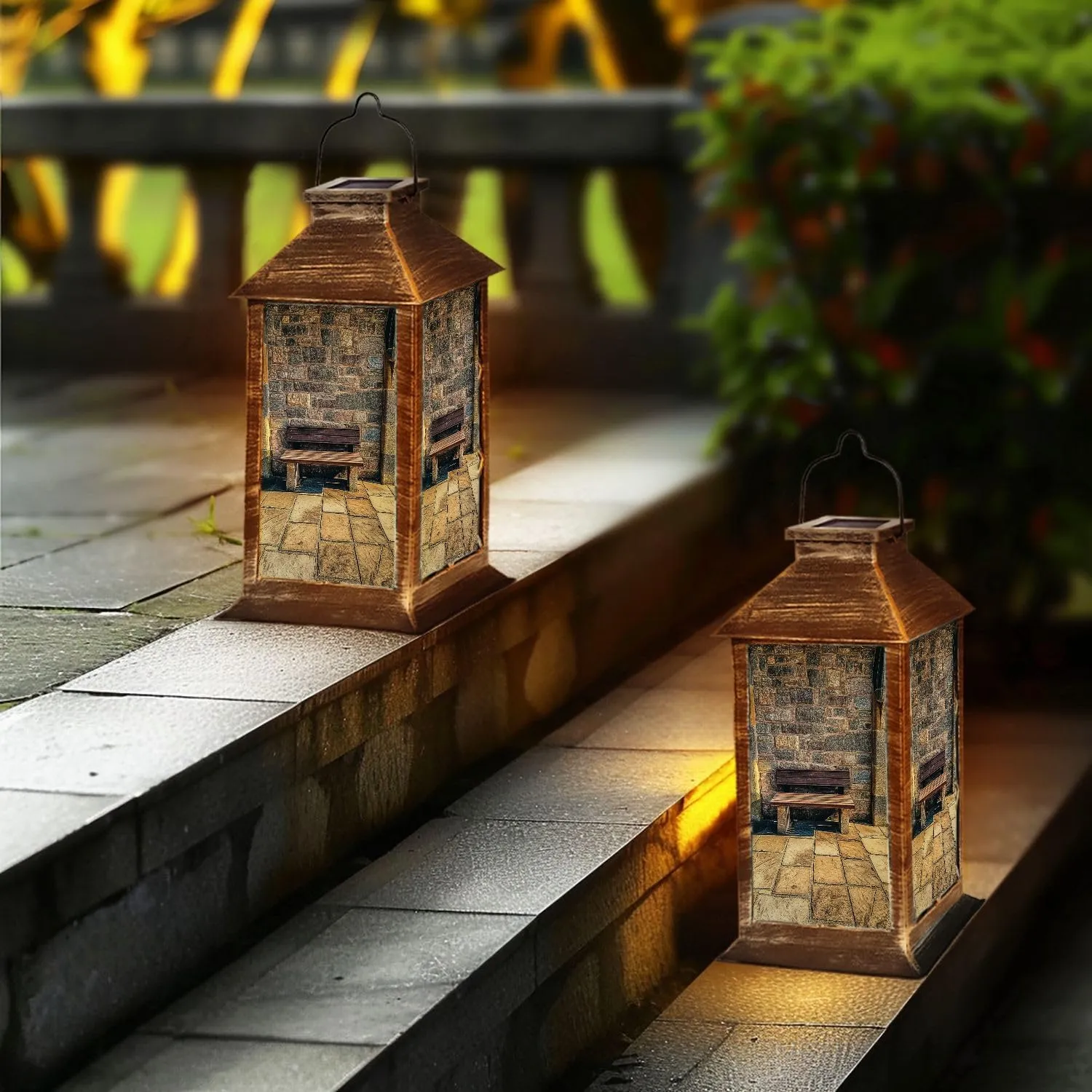 Solar Lantern Old Medieval Bench Outdoor Garden Hanging Lantern Waterproof Solar Powered Lighting Outside Table Lamp for Deck Yard Camping Patio Decor