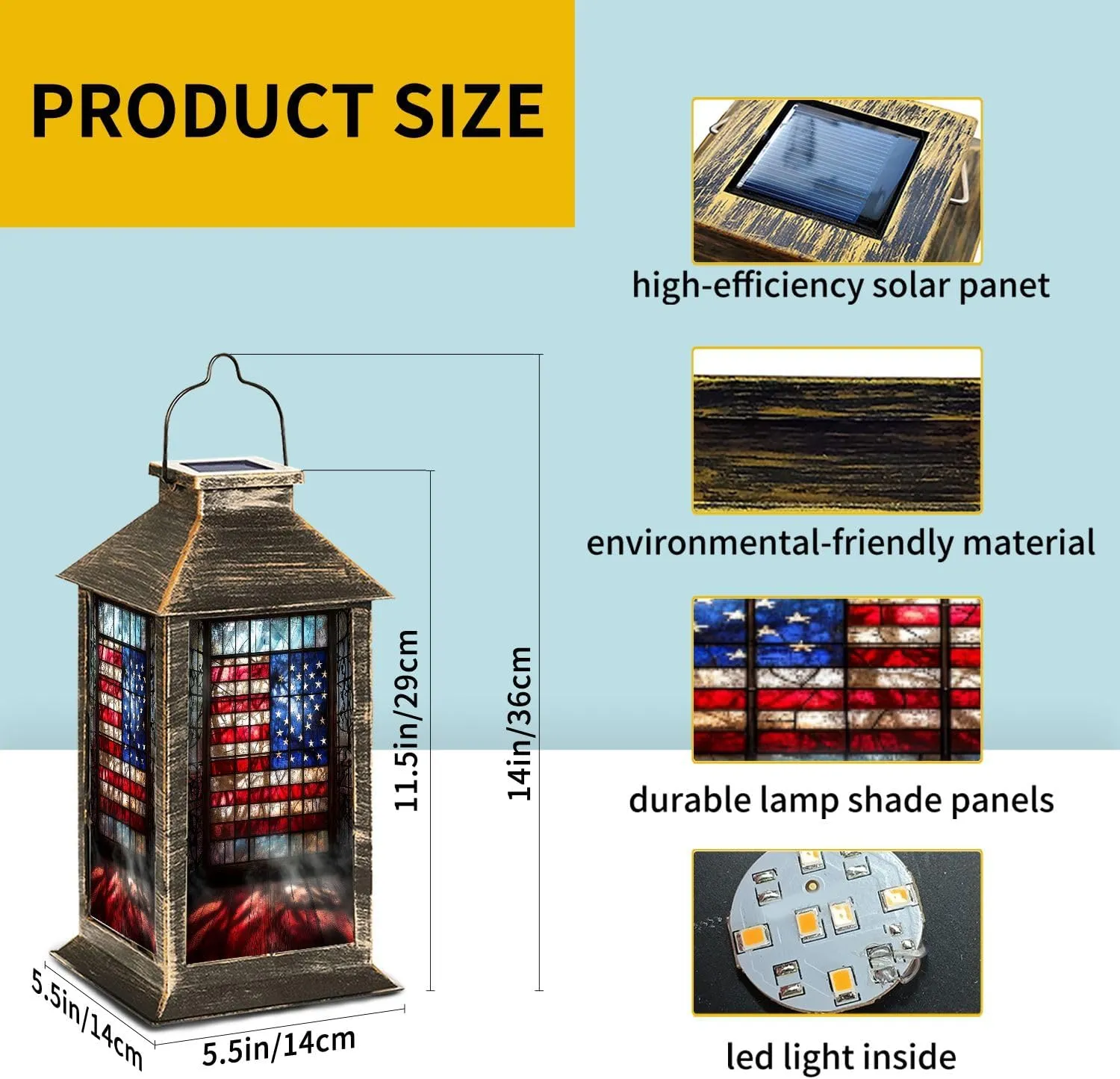 Solar Lantern Vintage Stained Glass American Flag Wrought Outdoor Waterproof Garden Hanging Lantern Solar Powered Lighting Outside Table Lamp for Patio Deck Camping 1 Pack