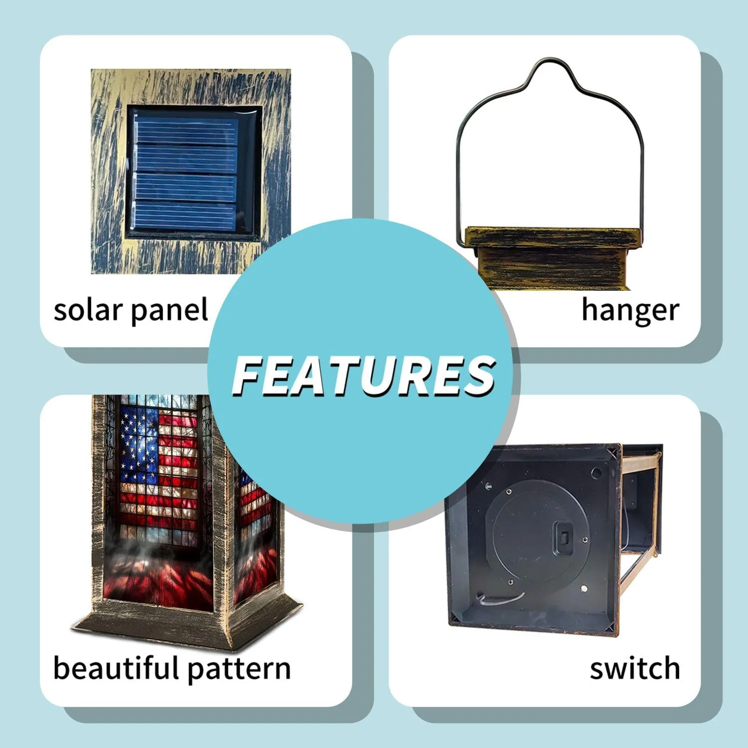 Solar Lantern Vintage Stained Glass American Flag Wrought Outdoor Waterproof Garden Hanging Lantern Solar Powered Lighting Outside Table Lamp for Patio Deck Camping 1 Pack