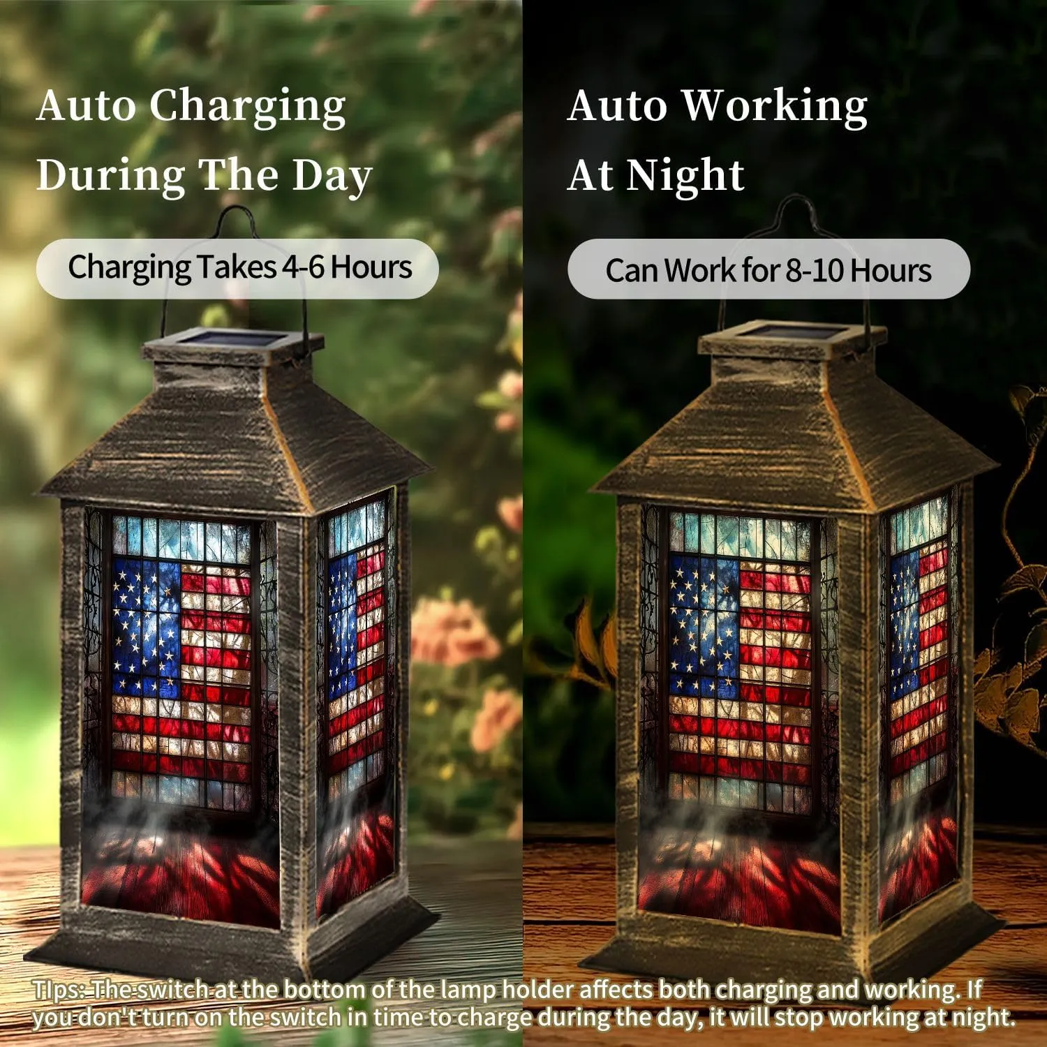 Solar Lantern Vintage Stained Glass American Flag Wrought Outdoor Waterproof Garden Hanging Lantern Solar Powered Lighting Outside Table Lamp for Patio Deck Camping 1 Pack