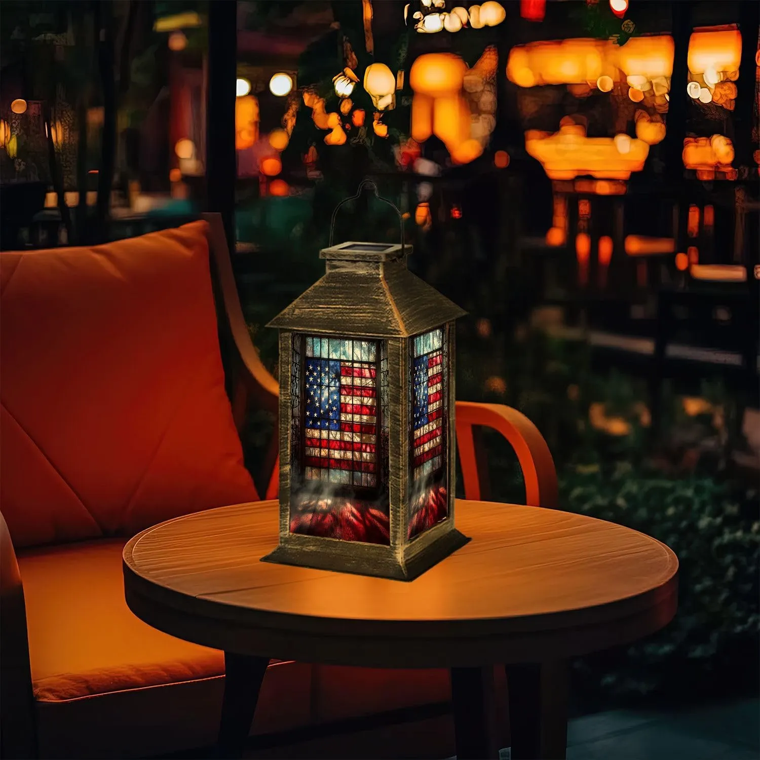 Solar Lantern Vintage Stained Glass American Flag Wrought Outdoor Waterproof Garden Hanging Lantern Solar Powered Lighting Outside Table Lamp for Patio Deck Camping 1 Pack