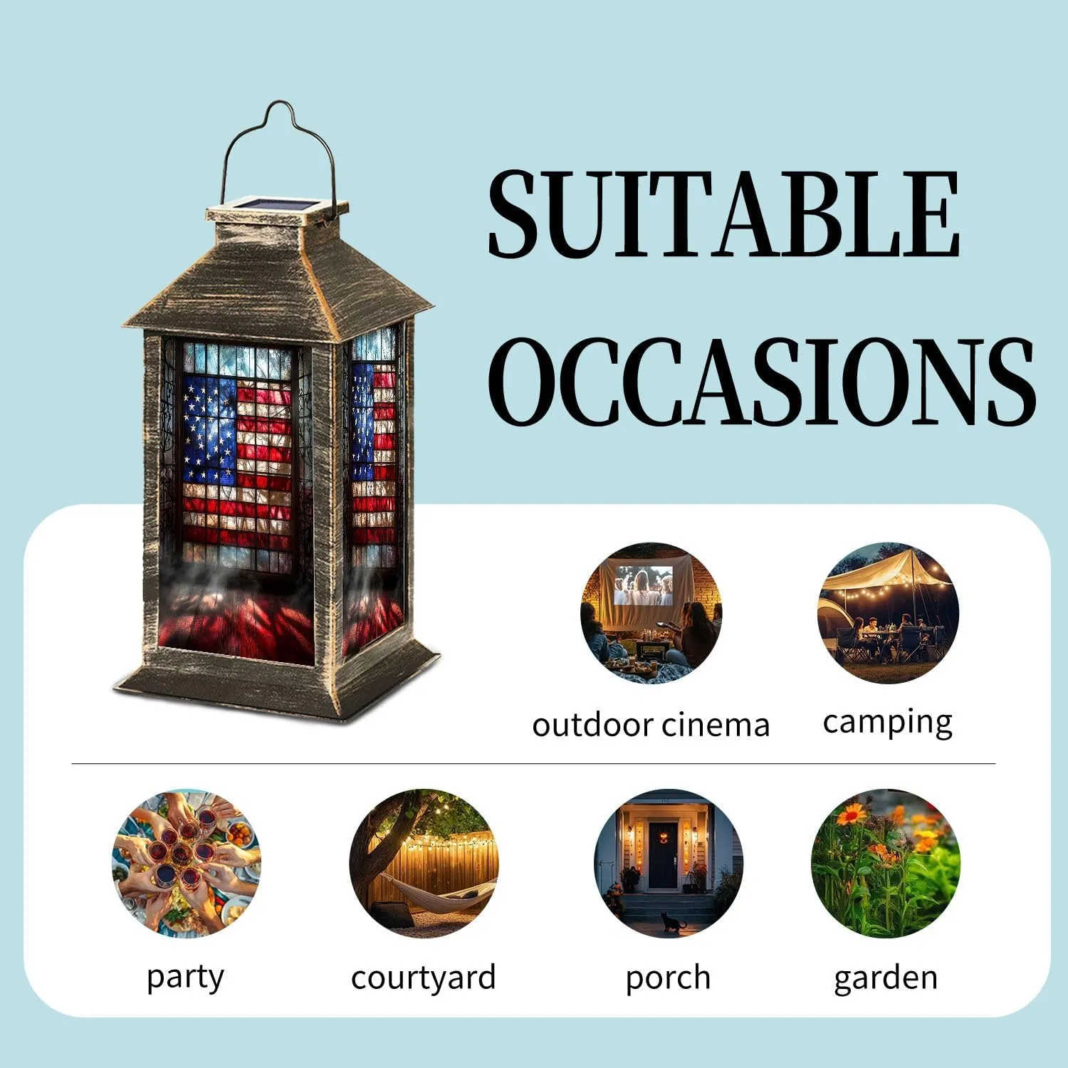 Solar Lantern Vintage Stained Glass American Flag Wrought Outdoor Waterproof Garden Hanging Lantern Solar Powered Lighting Outside Table Lamp for Patio Deck Camping 1 Pack
