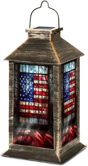 Solar Lantern Vintage Stained Glass American Flag Wrought Outdoor Waterproof Garden Hanging Lantern Solar Powered Lighting Outside Table Lamp for Patio Deck Camping 1 Pack