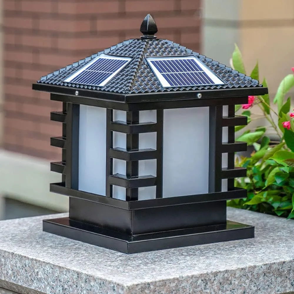 Solar LED Post Lights, Outdoor Traditional Waterproof Column Headlight Post Light Pier Mount Lantern with Remote Control Industrial Exterior Lamp Post Lighting Fixtures for Patio Porch Gard
