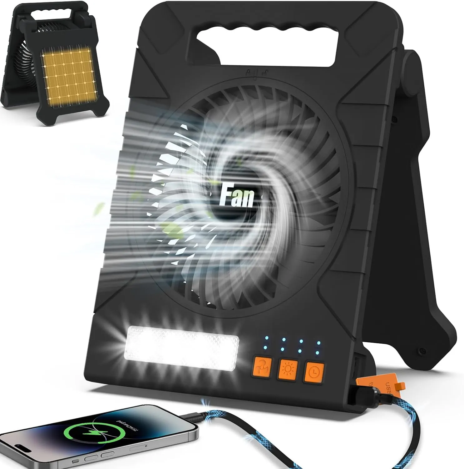 Solar Powered Camping Fan – Rechargeable Fan with LED Lantern, USB-C Charging, 4 Timer Settings and 4-Speed Battery Operated Tent Fans for Camping, Outdoor, Travel, and Emergency