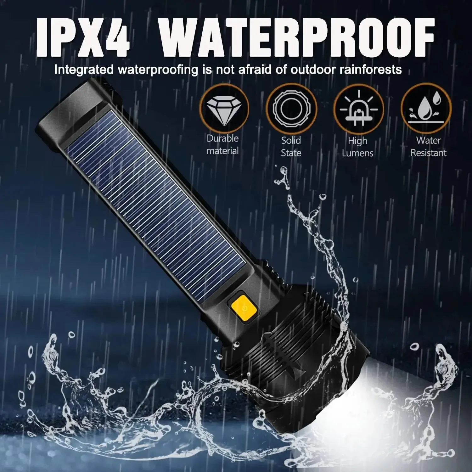 Solar Rechargeable Multi Function High Lumens LED Flashlight, Type C & Solar Charge with Emergency Light and Waterproof