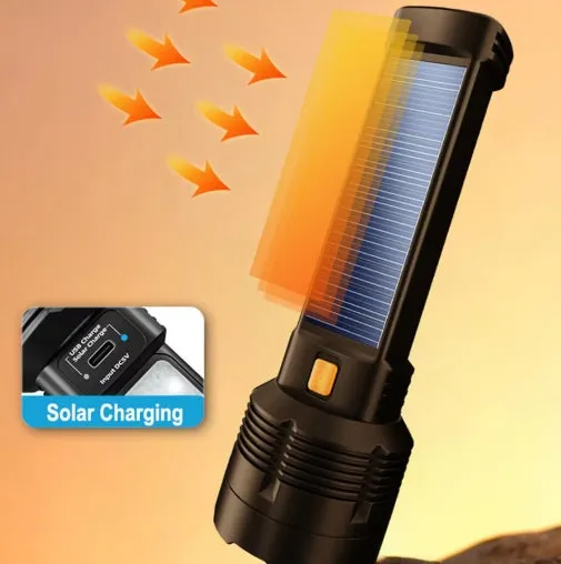 Solar Rechargeable Multi Function High Lumens LED Flashlight, Type C & Solar Charge with Emergency Light and Waterproof