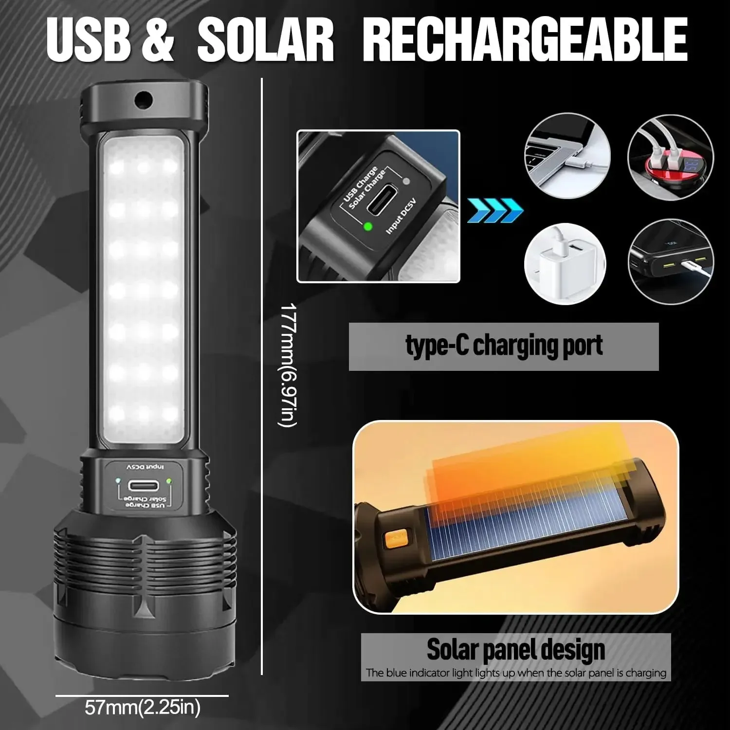 Solar Rechargeable Multi Function High Lumens LED Flashlight, Type C & Solar Charge with Emergency Light and Waterproof