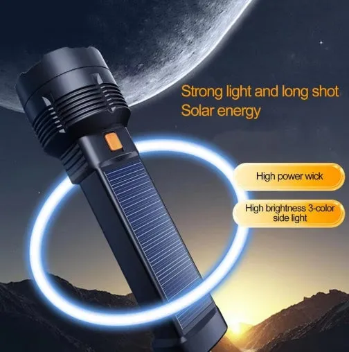 Solar Rechargeable Multi Function High Lumens LED Flashlight, Type C & Solar Charge with Emergency Light and Waterproof