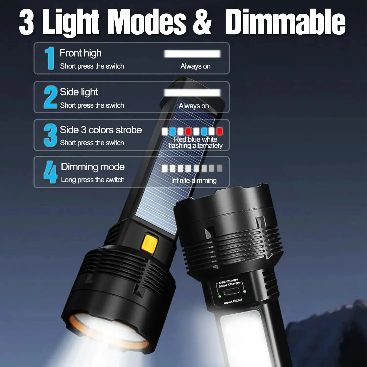 Solar Rechargeable Multi Function High Lumens LED Flashlight, Type C & Solar Charge with Emergency Light and Waterproof