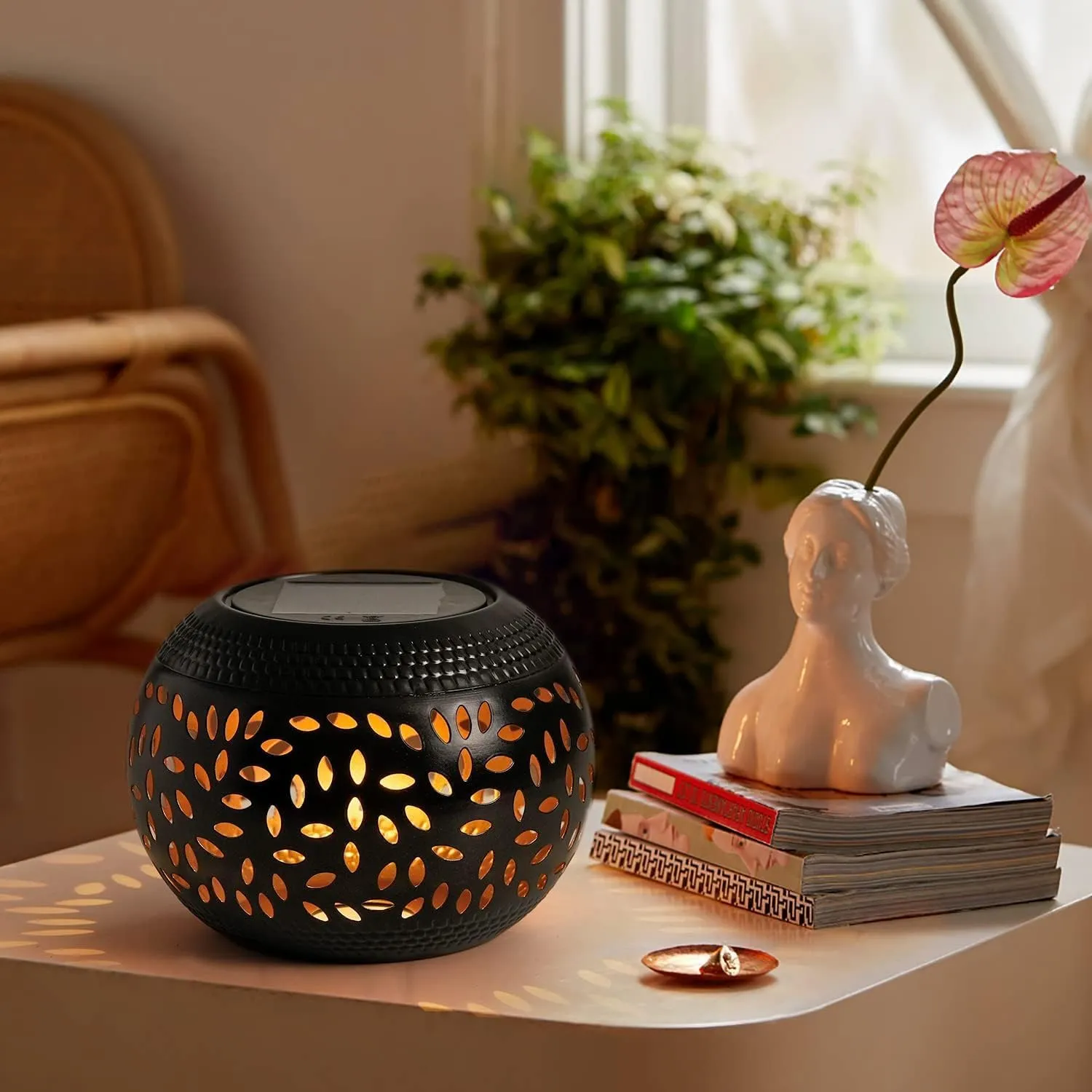 Solar Table Lantern – Black Moroccan-Style Outdoor LED Light