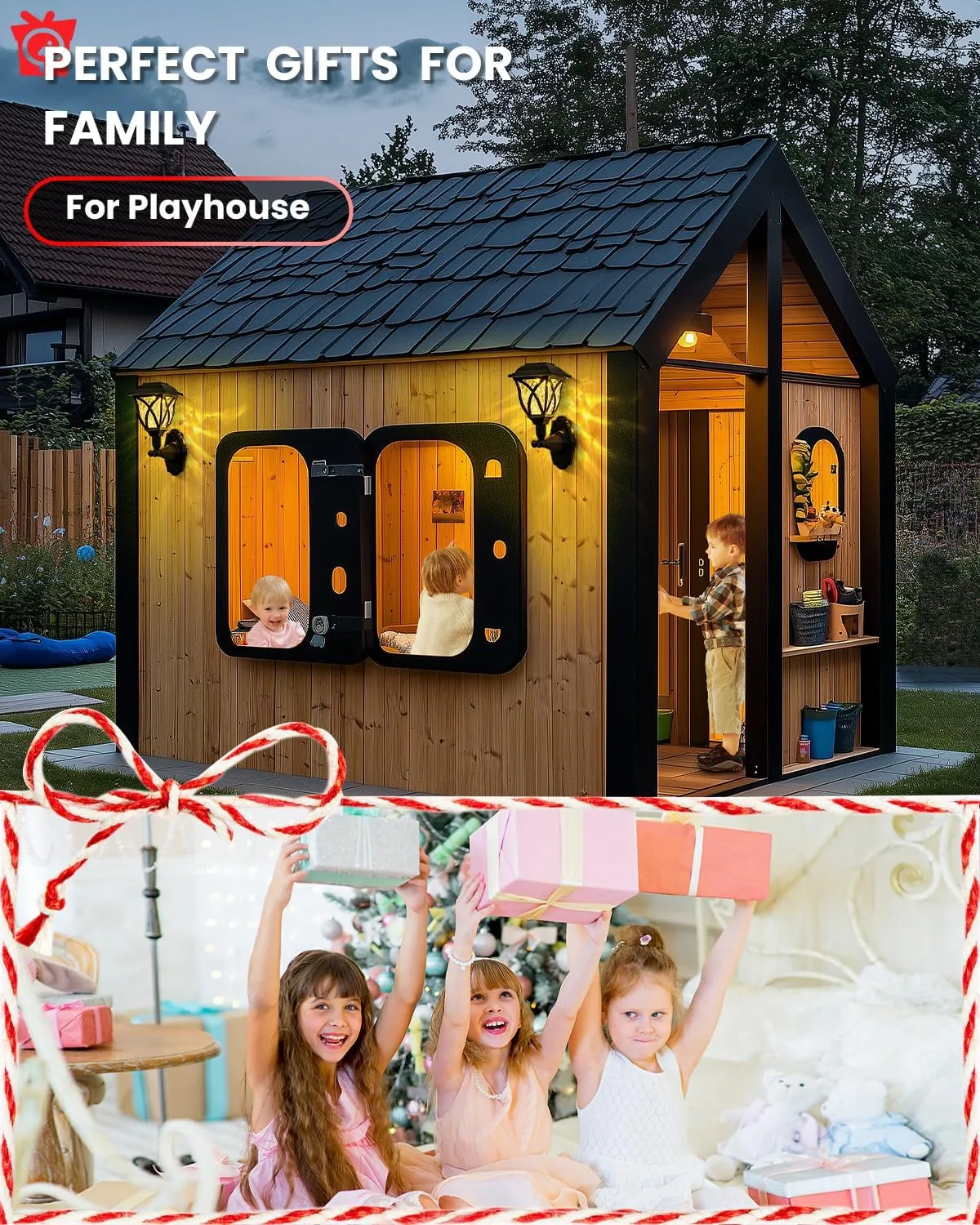 Solar Wall Lantern Outdoor Playhouse Light, Waterproof Decorative Solar Powered for Storage Shed, Playground, Dog House, Garden Wall, Fence, Patio, Backyard (2 Pack)