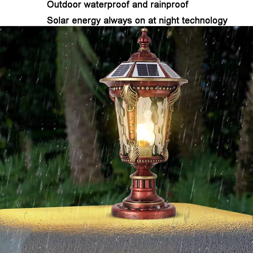 Solar Waterproof Lamp Shade Traditional Column Headlight Outdoor Pillar Head Light Fence Courtyard Lighting Fixture Exterior Post Lantern with Pier Mount Base for Landscape Community Patio Gard