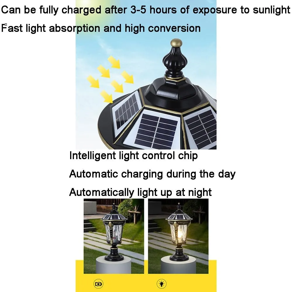 Solar Waterproof Lamp Shade Traditional Column Headlight Outdoor Pillar Head Light Fence Courtyard Lighting Fixture Exterior Post Lantern with Pier Mount Base for Landscape Community Patio Gard
