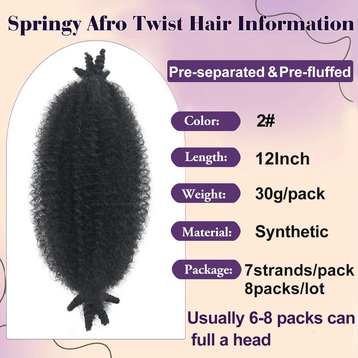 Springy Afro Twist Hair 12 Inch Marley Hair 8 Packs Kinky Twist Braiding Hair for Soft Locs Color 2 Pre Fluffed Marley Twist Hair Synthetic Kinky Curly Braiding Hair Extensions