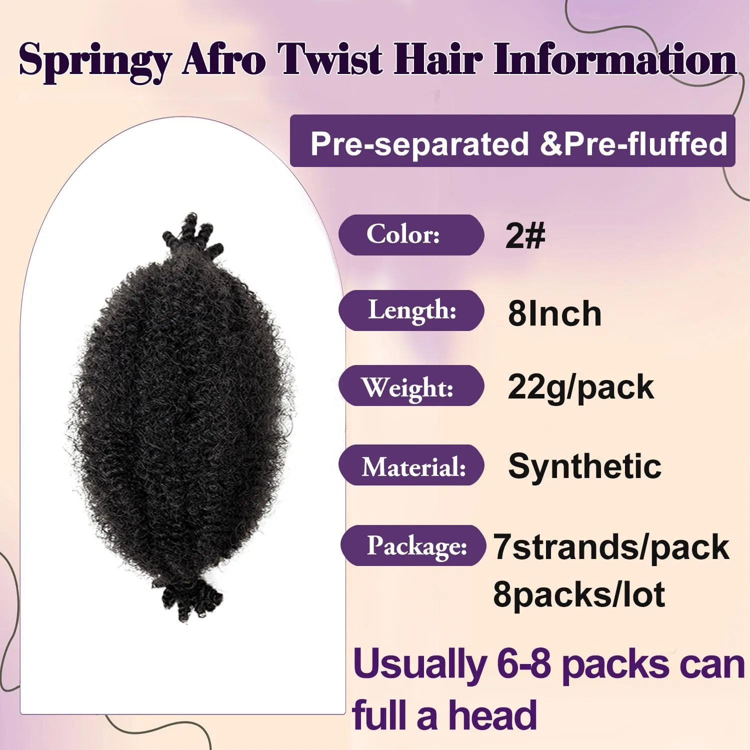 Springy Afro Twist Hair 8 Inch Marley Hair 8 Packs Kinky Twist Braiding Hair for Soft Locs Color 2 Pre Fluffed Marley Twist Braiding Hair Synthetic Kinky Curly Braiding Hair Extensions