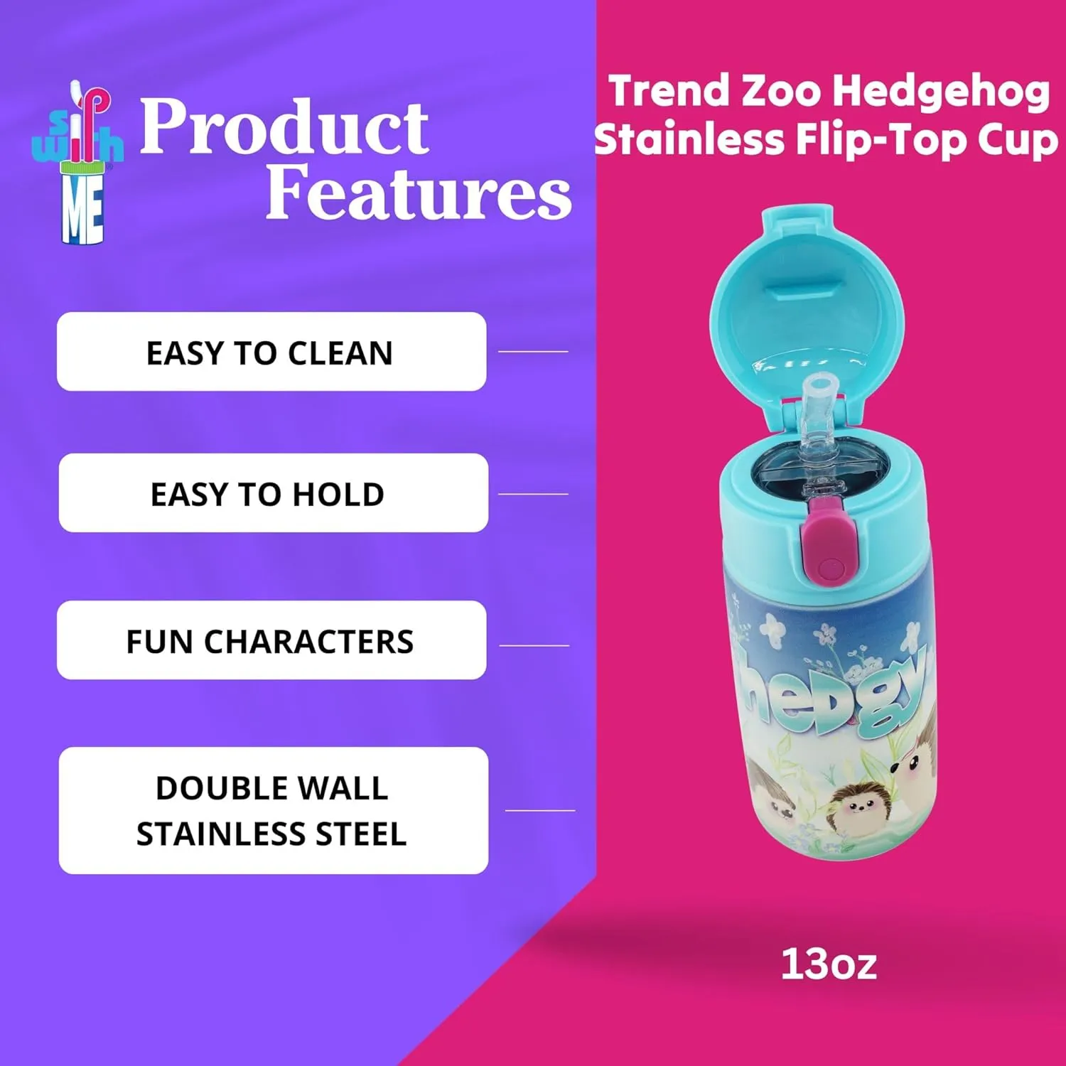 SRM Entertainment Stainless Steel Water Bottle with Straw Lid, Tumbler with Straw Spout and Flip Top Spill-Safe Lid, Travel Cup for Water, Milk, Juice, 13 oz (Trend Zoo Hedgehog)
