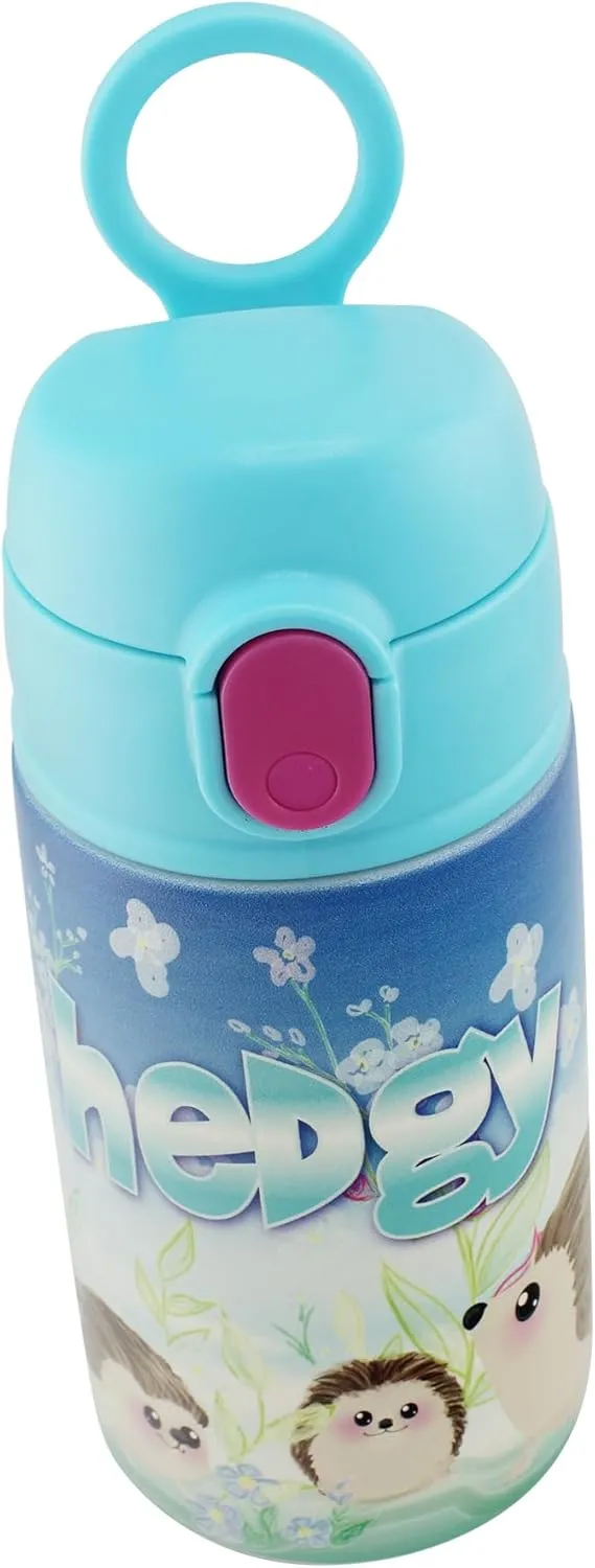 SRM Entertainment Stainless Steel Water Bottle with Straw Lid, Tumbler with Straw Spout and Flip Top Spill-Safe Lid, Travel Cup for Water, Milk, Juice, 13 oz (Trend Zoo Hedgehog)