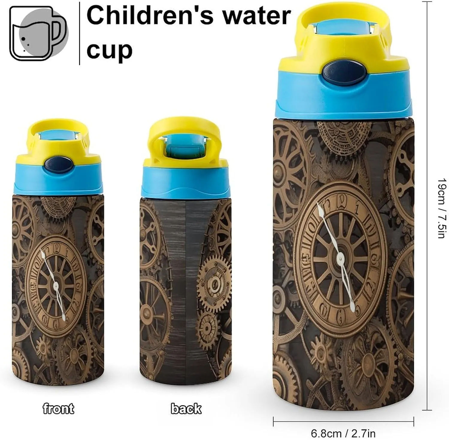 Stainless Steel Cup, Steampunk Gears Clock Print Sports Cup Perfect for Travel, Beach, Sports, And Everyday Hydration