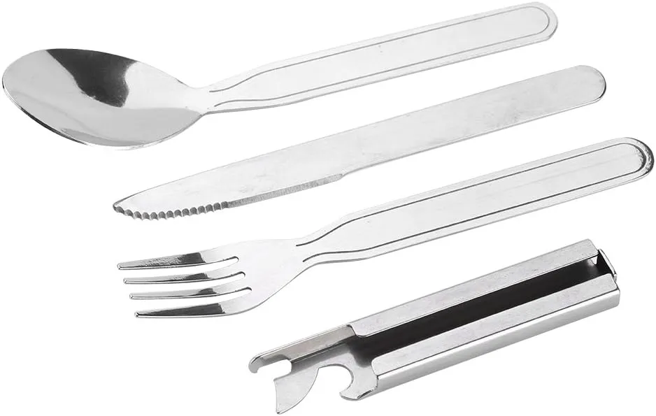 Stainless Steel Tableware Set Durable Lightweight Compact Portable Knife Fork Spoon Bottle Opener for Camping Picnic Outdoor Travel Silver 4pcs