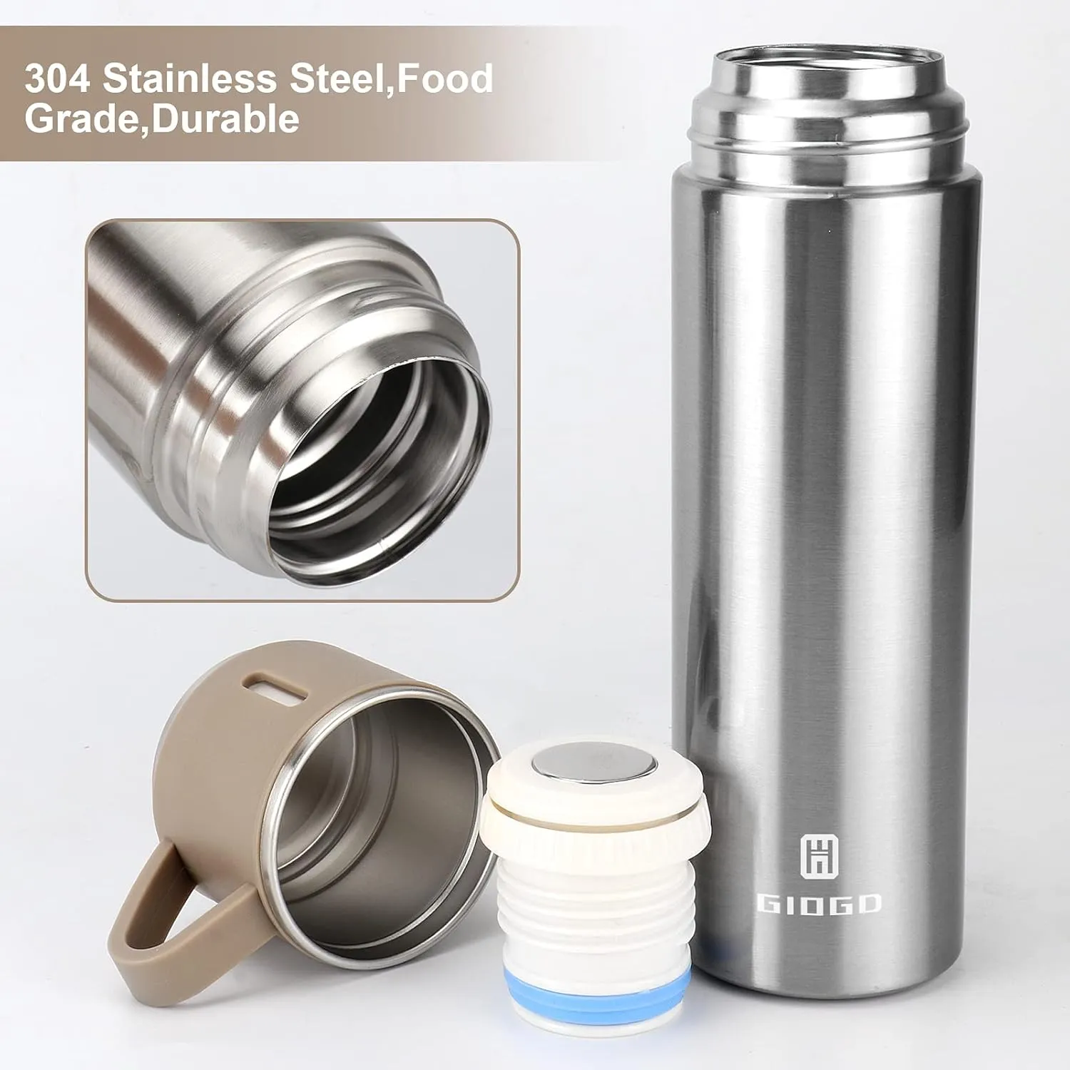 Stainless Steel Thermo 500ml/16.9oz Vacuum Insulated Bottle with Cup for Coffee Hot drink and Cold drink water flask.(Brown,Set)