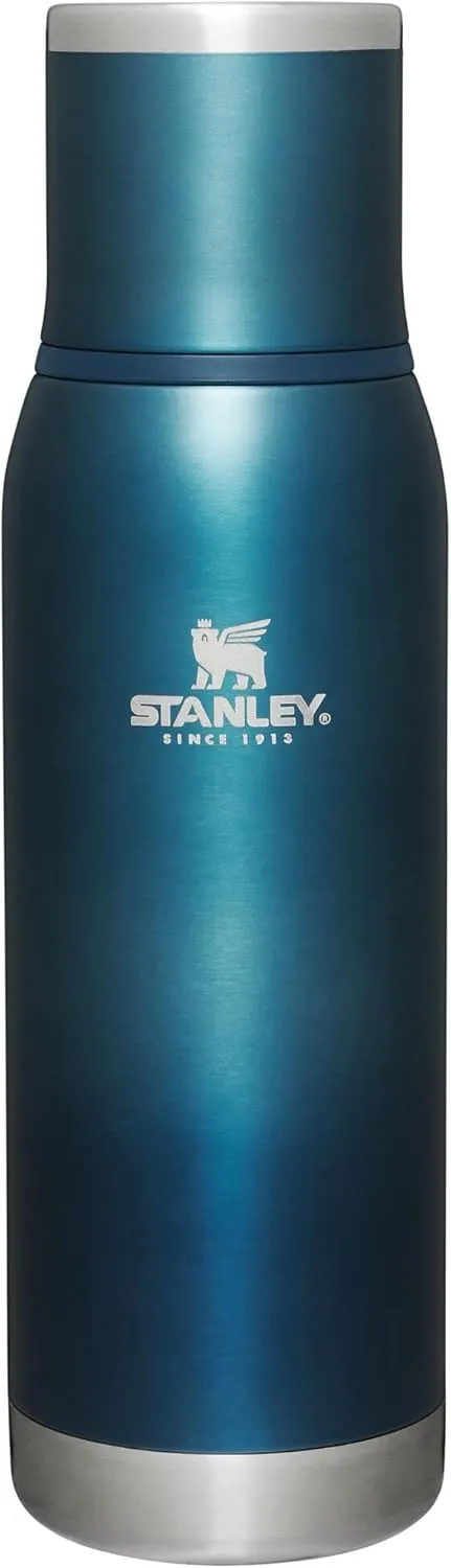 Stanley Adventure-To-Go Vacuum Bottle 25 oz | Wide Mouth with Leakproof Cup Lid | Keep Drinks Hot or Cold | Packable for Travel | Insulated Stainless Steel Thermos | BPA-Free | Blue Glow