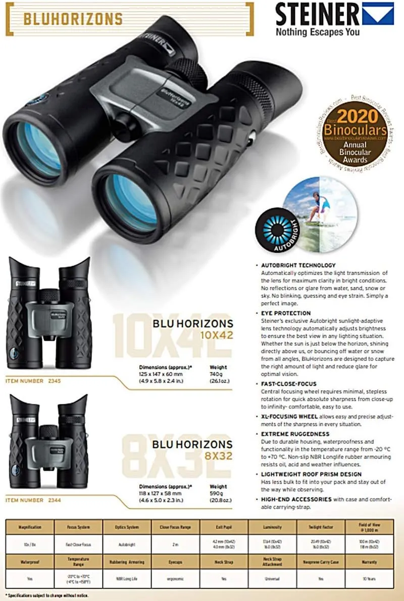 Steiner BluHorizons Binoculars - Unique Lens Technology, Eye Protection, Compact, Lightweight - Ideal for Outdoor Activities and Sporting Events