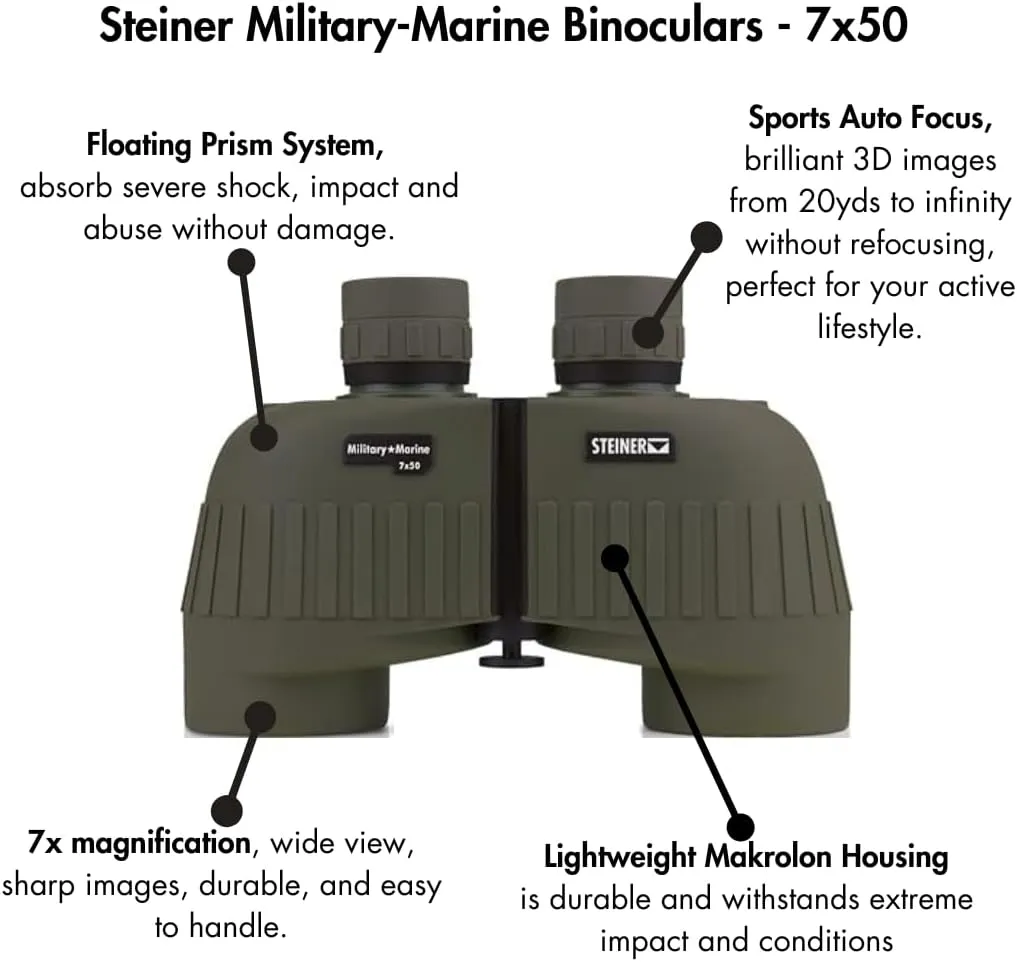 Steiner Military-Marine Series Binoculars, Lightweight Tactical Precision Optics for Any Situation, Waterproof, Green, 7x50