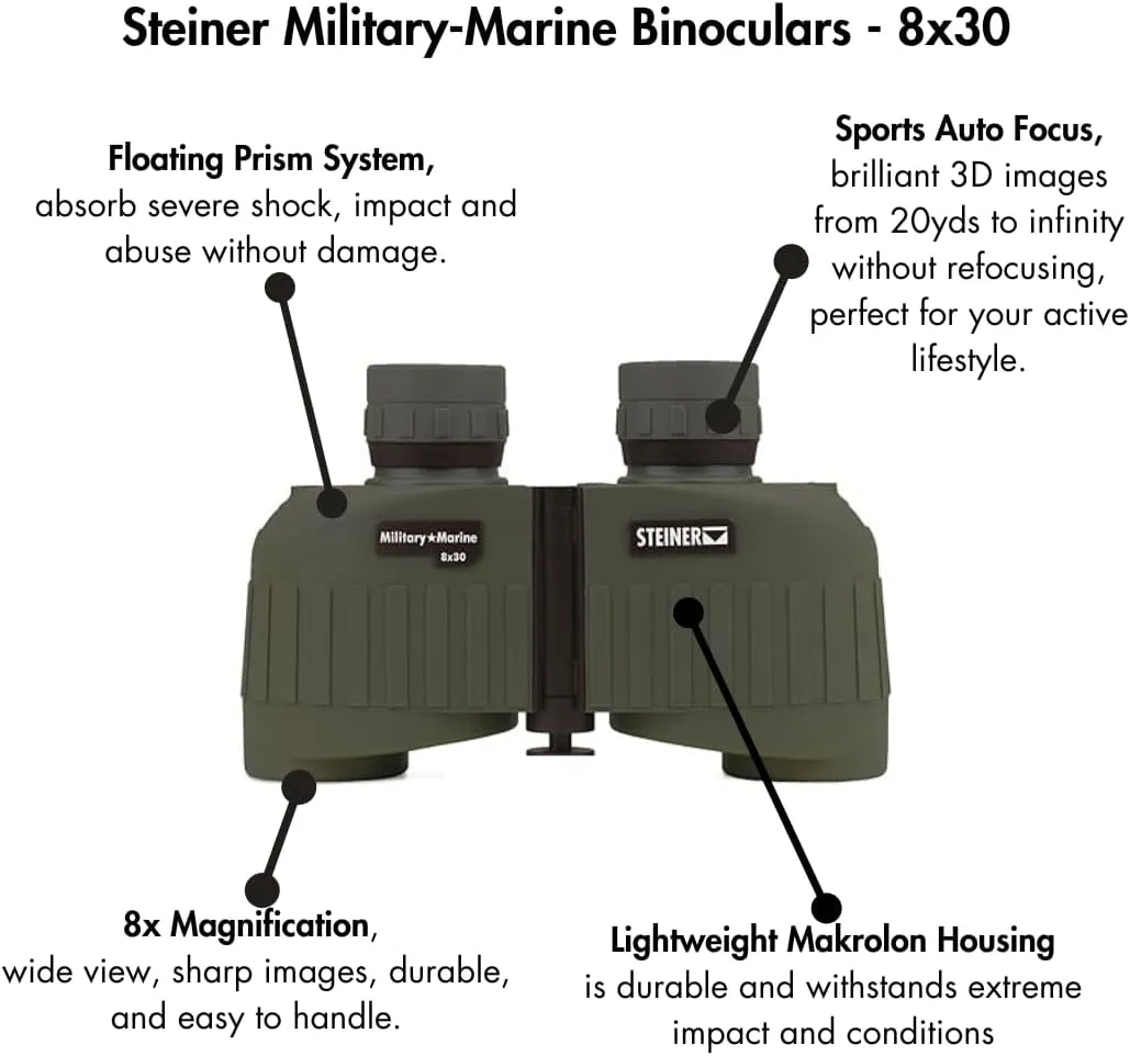 Steiner Military-Marine Series Binoculars, Lightweight Tactical Precision Optics for Any Situation, Waterproof, Green, 8x30