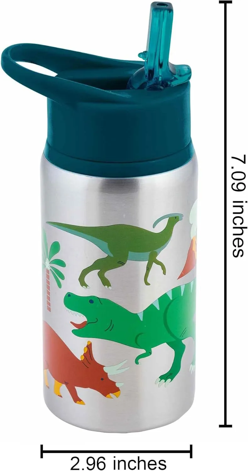 Stephen Joseph Stainless Steel Water Bottles, 18 OZ, Straw lid, Reusable tumbler, Insulated, DINO