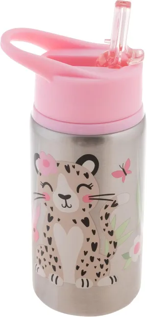 Stephen Joseph Stainless Steel Water Bottles, 18 OZ, Straw lid, Reusable tumbler, Insulated, Leopard