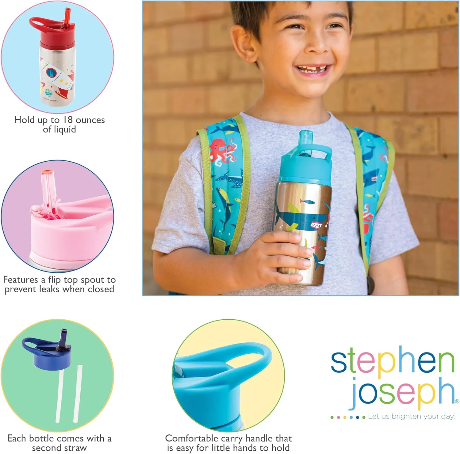 Stephen Joseph Stainless Steel Water Bottles, 18 OZ, Straw lid, Reusable tumbler, Insulated, Leopard