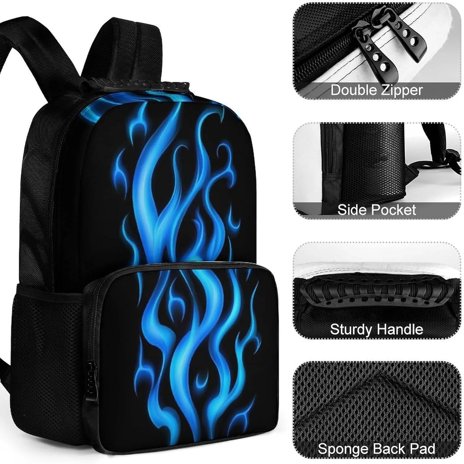 Supdreamc Adults Lightweight Blue Flame Fire Rucksacks Large Capacity Bookbag With Adjustable Shoulder Straps for Trekking Outdoors Bicycle
