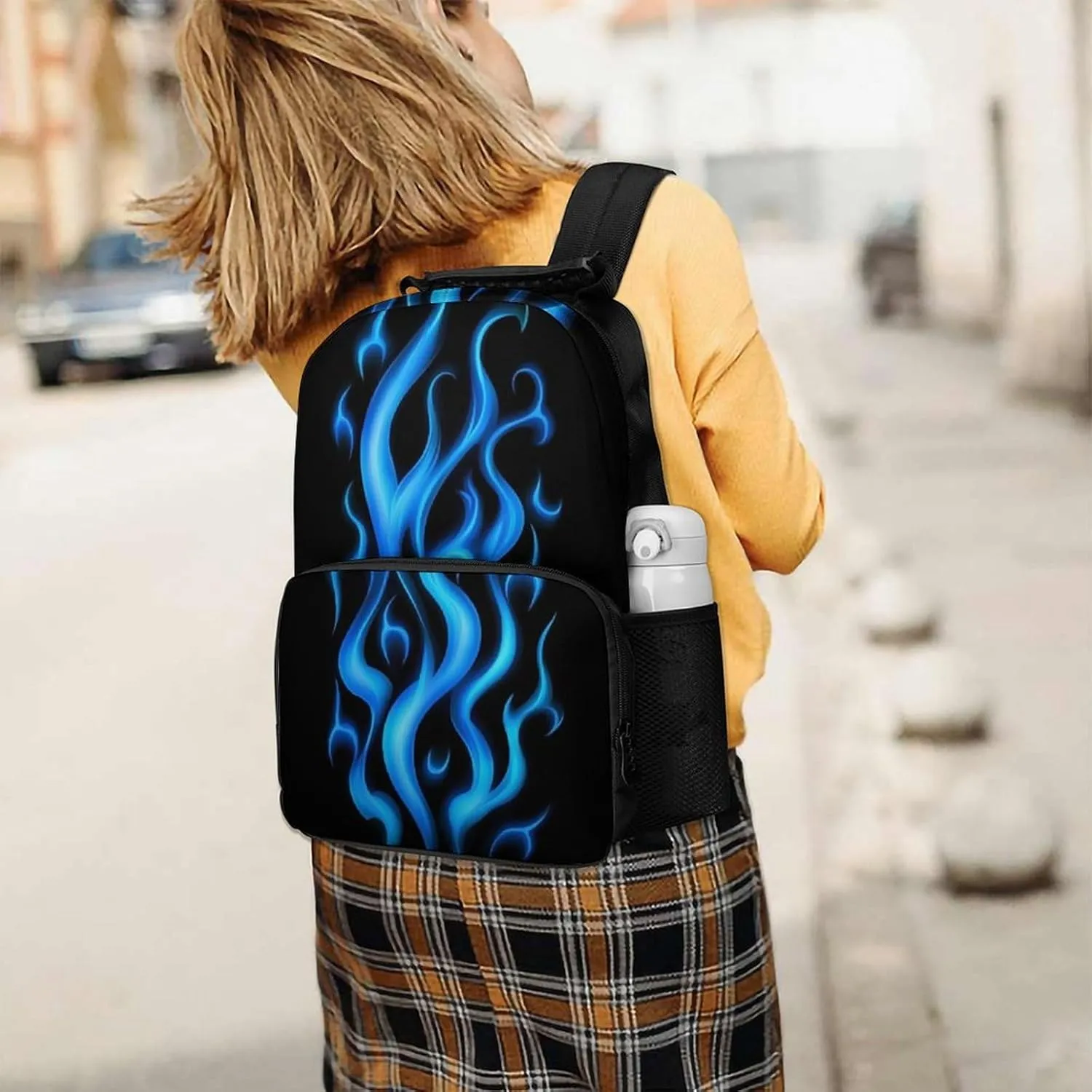 Supdreamc Adults Lightweight Blue Flame Fire Rucksacks Large Capacity Bookbag With Adjustable Shoulder Straps for Trekking Outdoors Bicycle