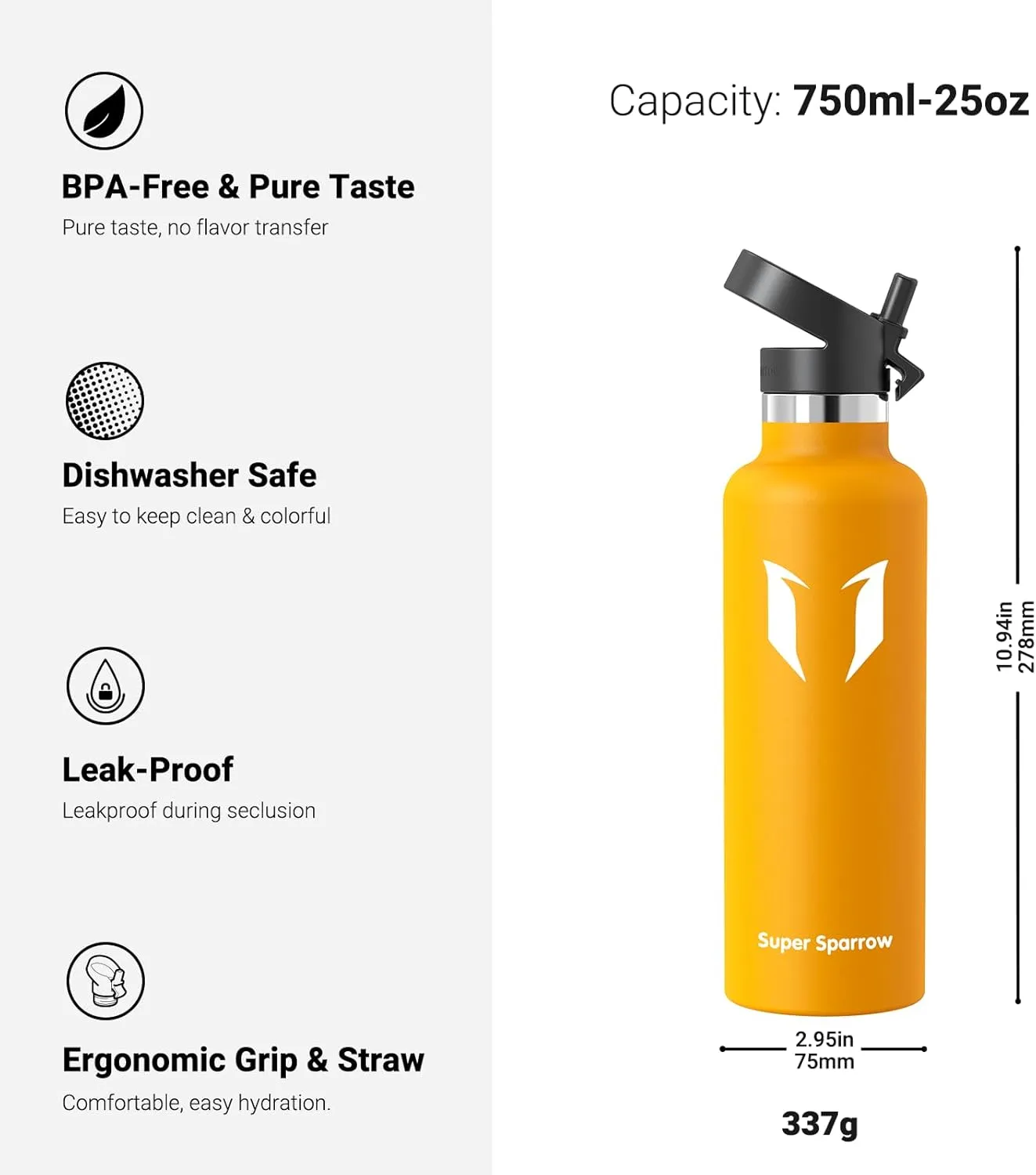 Super Sparrow Water Bottle Insulated - 17 Oz / 25 Oz / 32 Oz - Standard Mouth FlipFlow Flask - BPA Free, Leak Proof Drink Bottle- Ergonomic Straw Water Bottle for Work, Gym, Travel, Sports, Outdoor