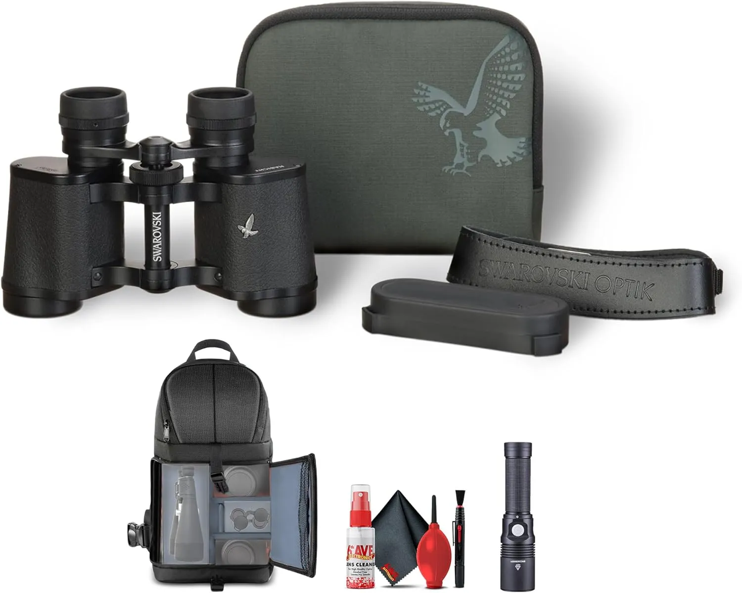 Swarovski Optik 8x30mm Habicht W Waterproof Porro Prism Binocular (54013)   Cleaning Kit   Led Flashlight   Padded Backpack