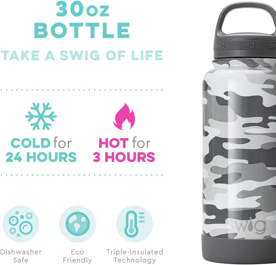 Swig Life 30oz Triple Insulated Stainless Steel Wide Mouth Water Bottle with Handle, Dishwasher Safe, Double Wall, Vacuum Sealed, Reusable Thermos (Multiple Patterns Available)