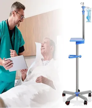 SyufRe Medical Pole with Tray & Wheels, 57"" to 79"" Height Stainless Steel Stand, Fluid Bag Stand for Hospital Home Infusion Practice and Therapy