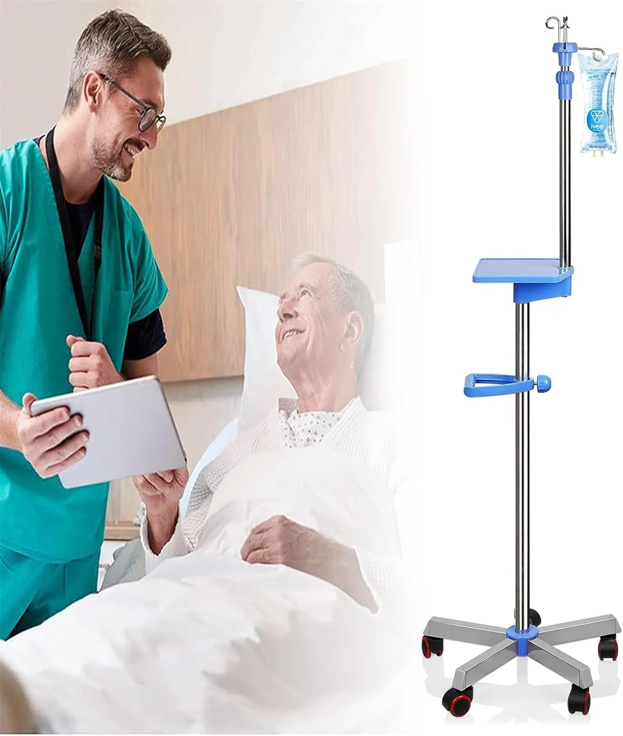 SyufRe Medical Pole with Tray & Wheels, 57"" to 79"" Height Stainless Steel Stand, Fluid Bag Stand for Hospital Home Infusion Practice and Therapy