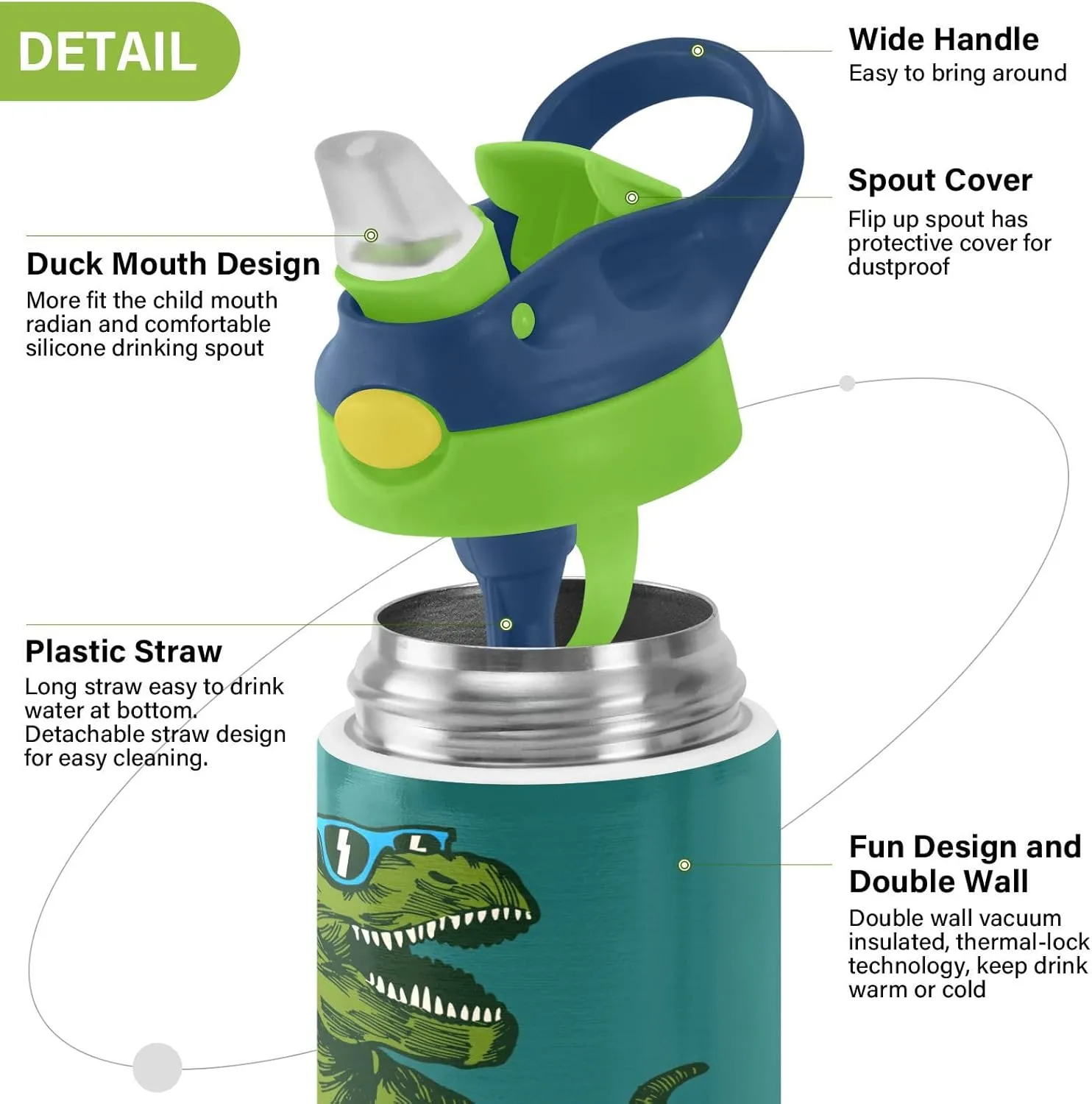 T-Rex Dinosaur Surfing Kids Water Bottle with Straw and Carry Handle Green Dragon Vacuum Insulated Stainless Steel Bottles Leak-Proof for Boys Girls Toddler 12 oz Green Lid