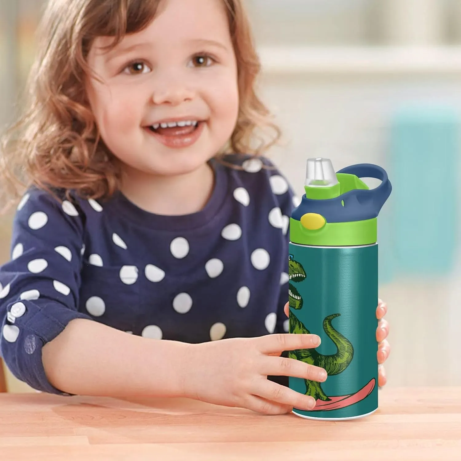 T-Rex Dinosaur Surfing Kids Water Bottle with Straw and Carry Handle Green Dragon Vacuum Insulated Stainless Steel Bottles Leak-Proof for Boys Girls Toddler 12 oz Green Lid