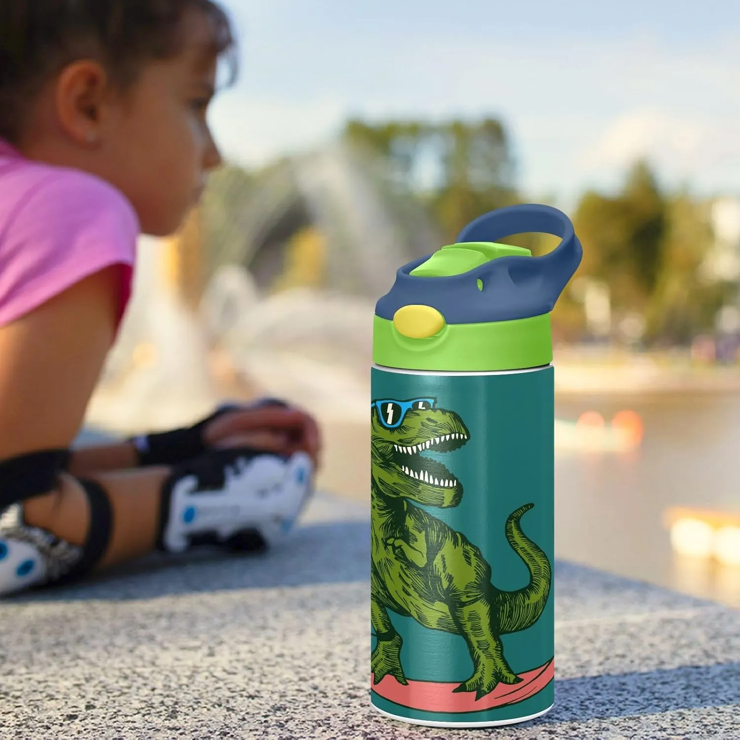 T-Rex Dinosaur Surfing Kids Water Bottle with Straw and Carry Handle Green Dragon Vacuum Insulated Stainless Steel Bottles Leak-Proof for Boys Girls Toddler 12 oz Green Lid