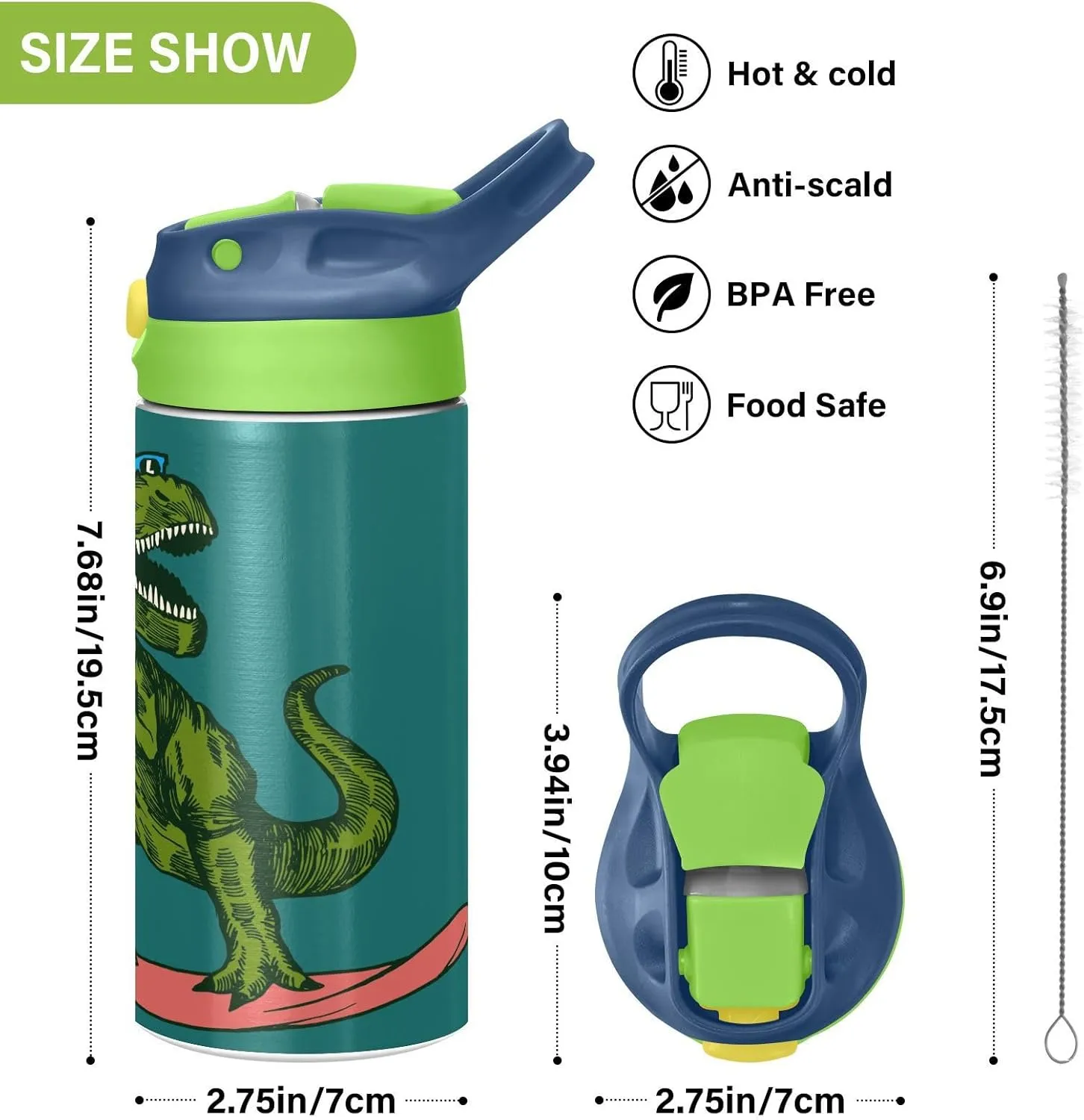 T-Rex Dinosaur Surfing Kids Water Bottle with Straw and Carry Handle Green Dragon Vacuum Insulated Stainless Steel Bottles Leak-Proof for Boys Girls Toddler 12 oz Green Lid