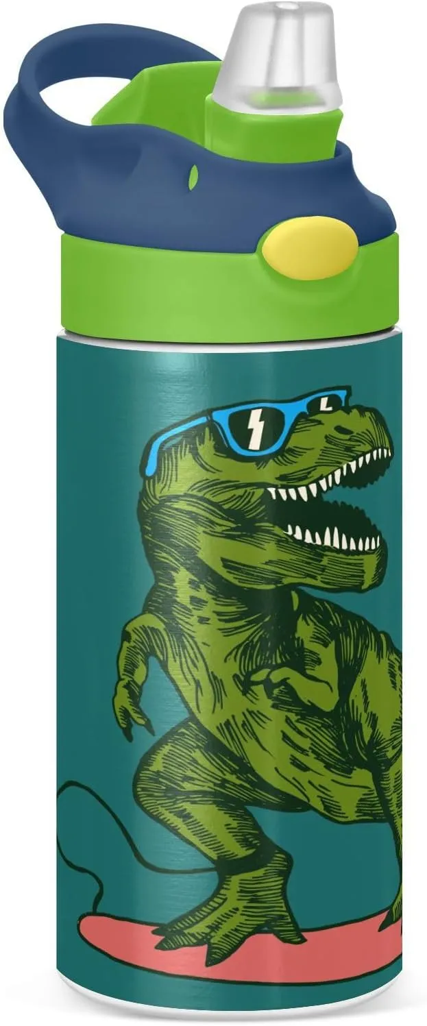 T-Rex Dinosaur Surfing Kids Water Bottle with Straw and Carry Handle Green Dragon Vacuum Insulated Stainless Steel Bottles Leak-Proof for Boys Girls Toddler 12 oz Green Lid