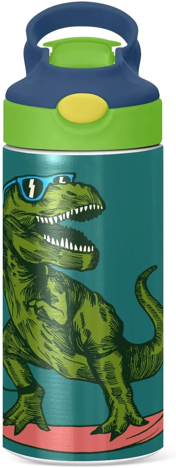 T-Rex Dinosaur Surfing Kids Water Bottle with Straw and Carry Handle Green Dragon Vacuum Insulated Stainless Steel Bottles Leak-Proof for Boys Girls Toddler 12 oz Green Lid