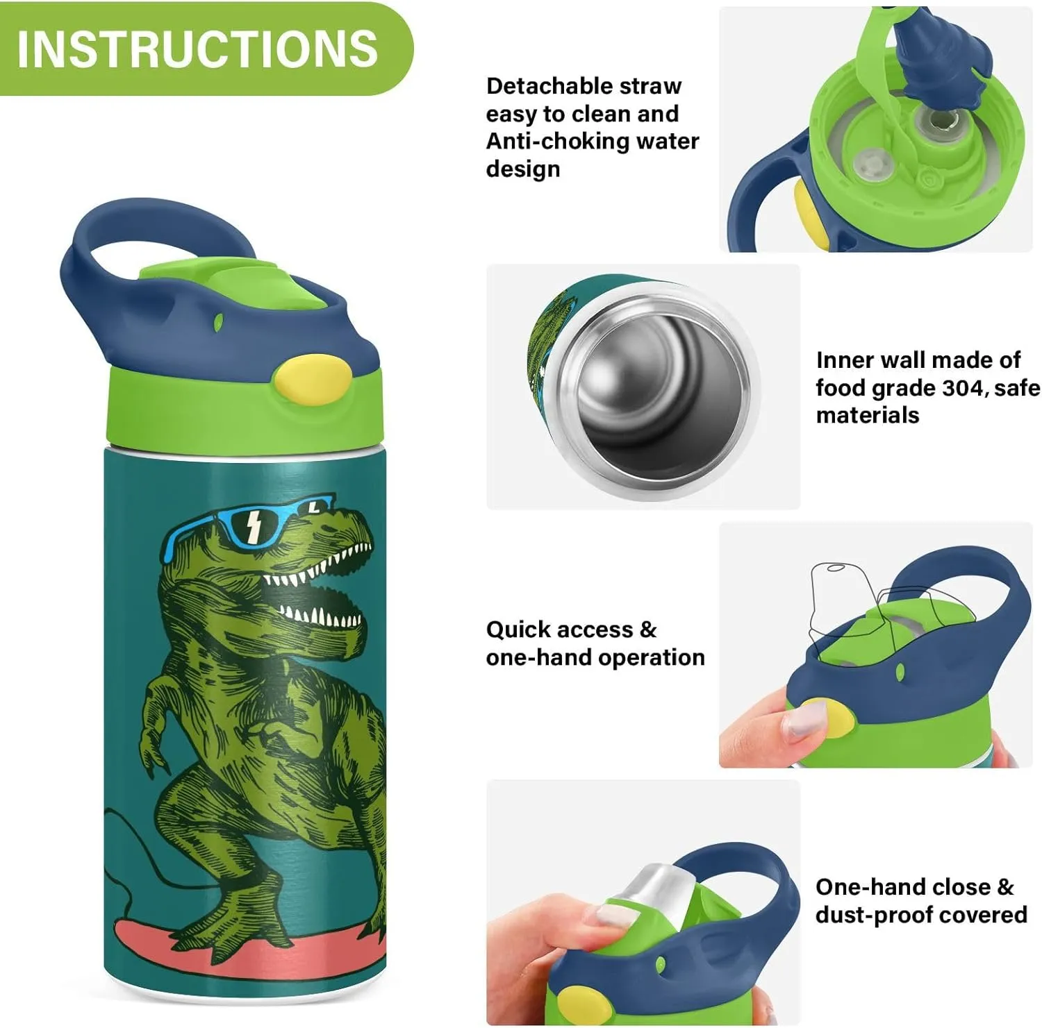 T-Rex Dinosaur Surfing Kids Water Bottle with Straw and Carry Handle Green Dragon Vacuum Insulated Stainless Steel Bottles Leak-Proof for Boys Girls Toddler 12 oz Green Lid